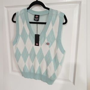 Dickies Juniors Argyle Sweater Vest Mint White  Preppy Knit Pullover XL ACADEMIA